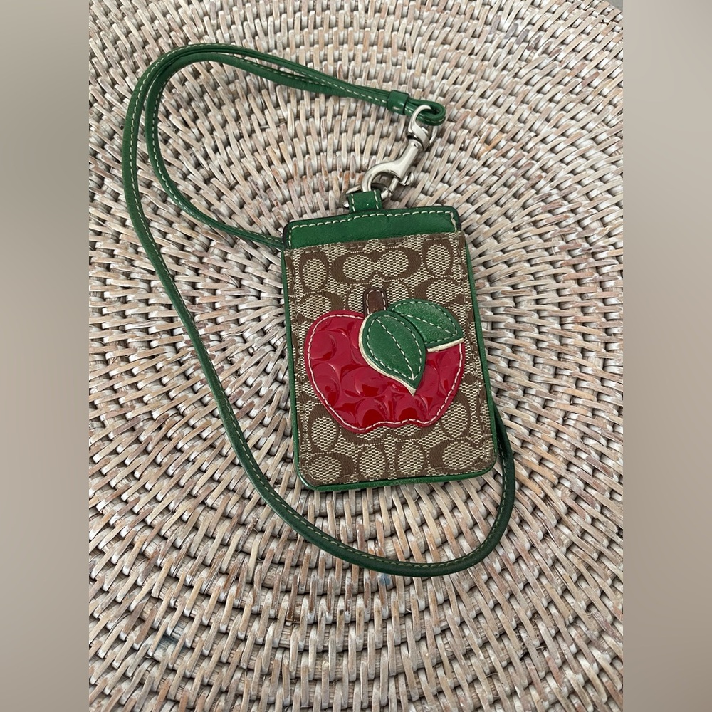 Coach Brown Signature Canvas ID Lanyard with Red Apple and Green Trim